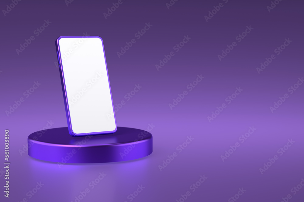 Podium with a smartphone for advertising, web pages, offers or social networks. Purple color. Render 3d. Podium with a smartphone for advertising, web pages, offers or social networks. Purple color. Render 3d.