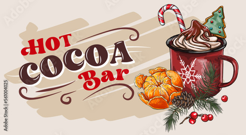 baner horizontal holiday compositions with hot drink and marshmallows, candies and marshmallow candies. for print, print fabrics or background.