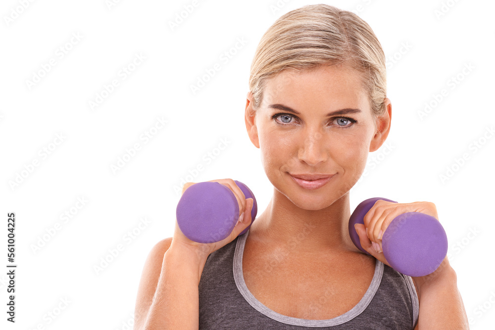 Studio portrait, dumbbells and woman at training, muscle development and wellness by white background. Weightlifting model, smile on face and isolated for fitness, workout or exercise with body goals Studio portrait, dumbbells and woman at training, muscle development and wellness by white background. Weightlifting model, smile on face and isolated for fitness, workout or exercise with body goals