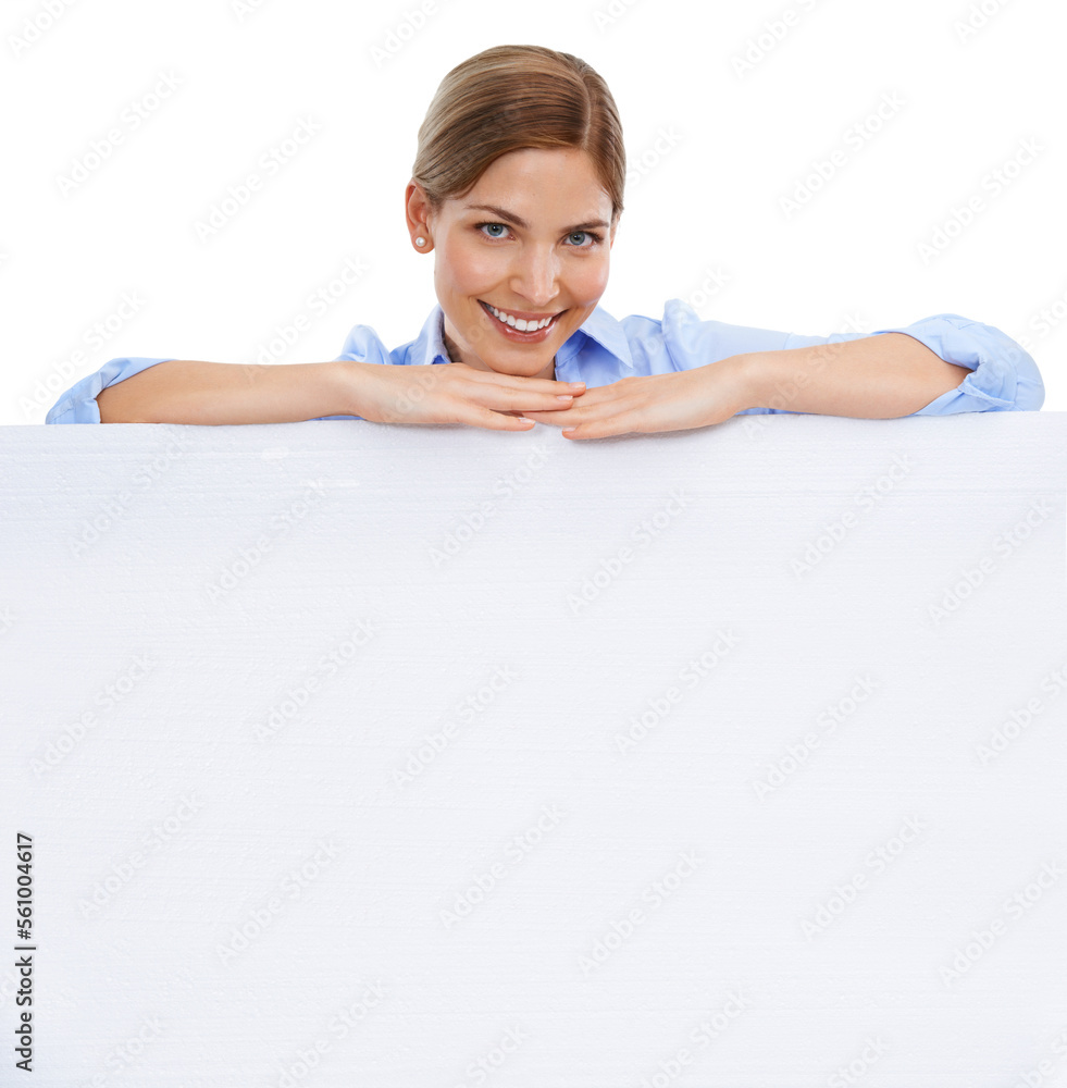 News, announcement and businesswoman with blank sign, mockup and product placement isolated on white background. Advertising, marketing and body portrait of happy woman with poster board and smile. News, announcement and businesswoman with blank sign, mockup and product placement isolated on white background. Advertising, marketing and body portrait of happy woman with poster board and smile.