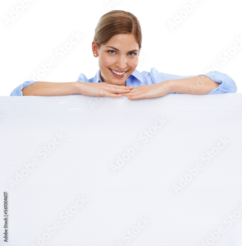 News, announcement and businesswoman with blank sign, mockup and product placement isolated on white background. Advertising, marketing and body portrait of happy woman with poster board and smile.