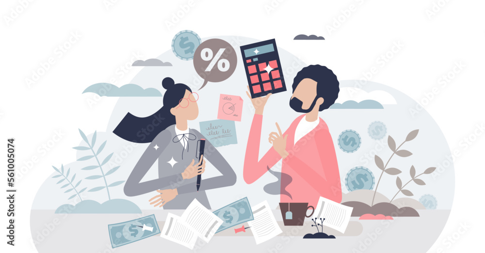 Doing taxes accounting and annual financial paperwork tiny person concept, transparent background. Money fee calculation and report submit to state revenue service illustration.