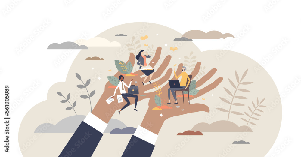Employee care and labor support with social security tiny person concept, transparent background. Human resources work to protect team with benefits, loyalty and assurances illustration.