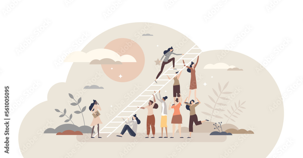 Encouragement for female career and woman motivation tiny person concept, transparent background. Crowd appreciation and cheering with work support and collaboration illustration.