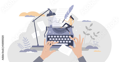 Blog author and creative literature writer and freelancer tiny person concept, transparent background. Publishing editor and journalist creates post for social media or personal website illustration.