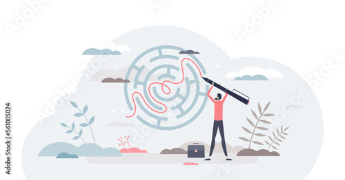 Business solution as messy maze solving skill or strategy tiny person concept, transparent background.