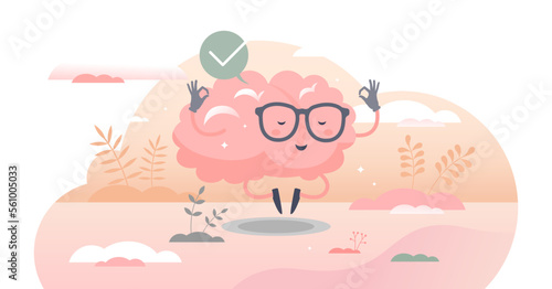 Calm brain meditation to relax balance or mental wellness tiny person concept, transparent background.Organ character with cute and funny peace control and mind focus illustration.