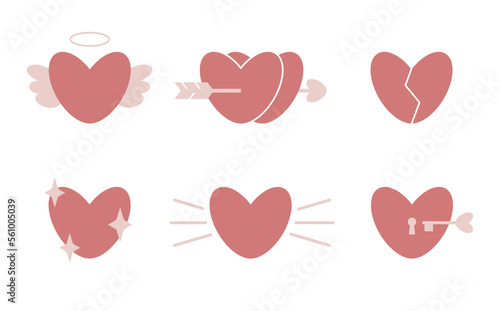 Set of 6 pink hearts ikons for Valentine's day. Can be used for card, invitation, stickers, print, textile. Isolated vector illustration on white background. photo