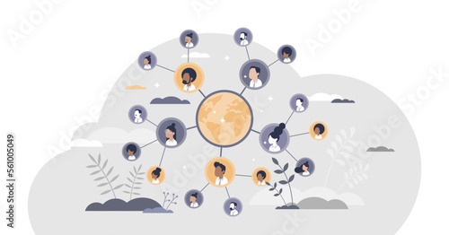 Connected people as social community networking worldwide tiny person concept, transparent background. Linking business contacts online in social media illustration.