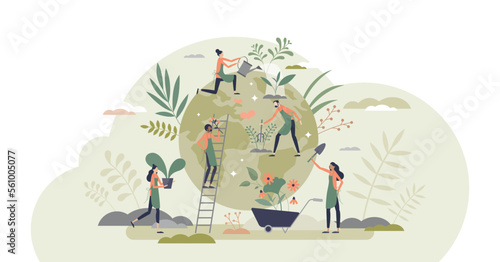 Ecology agriculture and green sustainable harvesting tiny person concept, transparent background. Environmental gardening and food farming around globe with responsible care illustration.