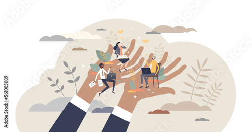 Employee care and labor support with social security tiny person concept, transparent background. Human resources work to protect team with benefits, loyalty and assurances illustration.
