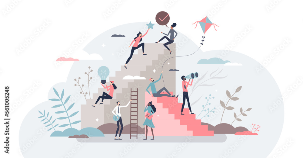 Self growth and personal development progress stages tiny person concept, transparent background. Reaching for career goals and success illustration. - obrazy, fototapety, plakaty 