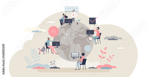 Remote work with distant employee network in internet tiny person concept, transparent background. Company virtual meeting, information exchange or data sharing with working from home illustration.