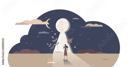 Self discovery and identity finding with cognitive search tiny person concept, transparent background. Personality development with inside freedom feeling and belief in yourself future illustration. photo