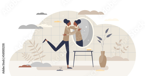 Self love hug as esteem and confidence for being woman tiny person concept, transparent background.