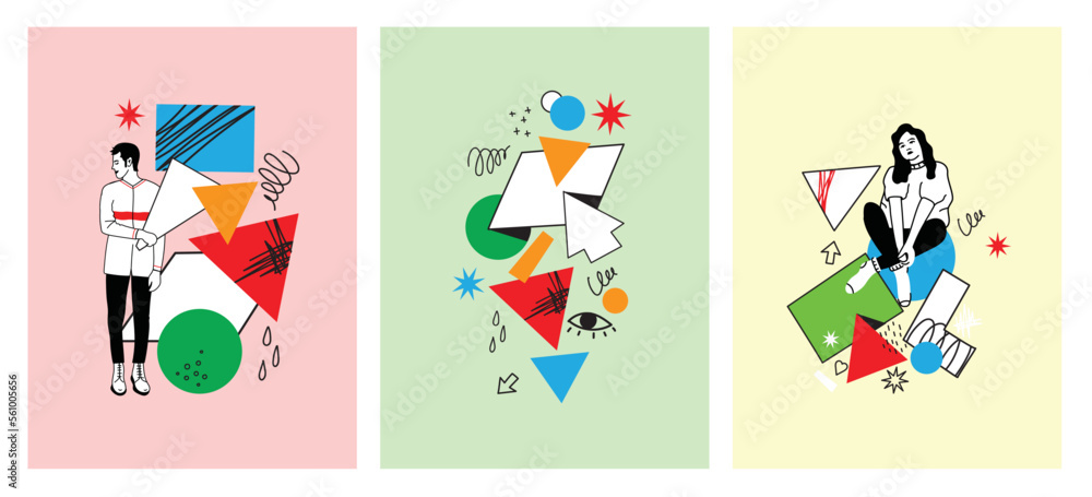 Fototapeta premium Outline characters, people in different poses and various geometric shapes and colorful abstract figures. Different mood, positions. Hand drawn vector illustration