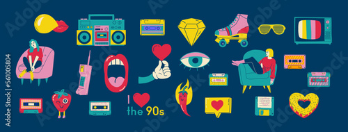 Fashion patch badges with lips, hearts, speech bubbles, audio cassette and other elements. Vector illustration set of stickers, pins, patches in cartoon 80s-90s style.