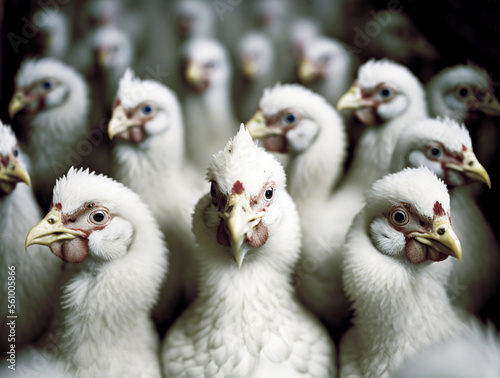 Broiler chickens in bird farm. Many chickens in one room..