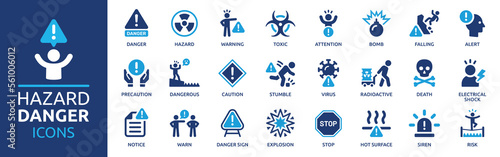 Hazard danger icon set. Containing warning sign, toxic, attention, siren, alert, caution and bomb icons. Solid icon collection.