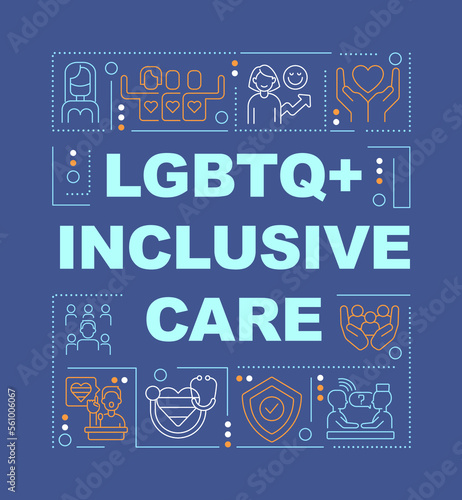 LGBTQ inclusive care word concepts dark blue banner. Support programs. Infographics with editable icons on color background. Isolated typography. Vector illustration with text. Arial-Black font used