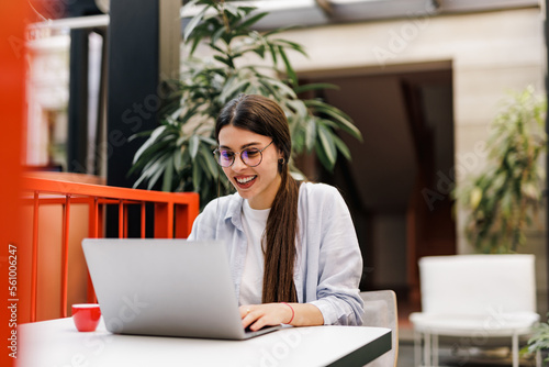 Smiling girl having an online meeting, working online, and talking to her clients.