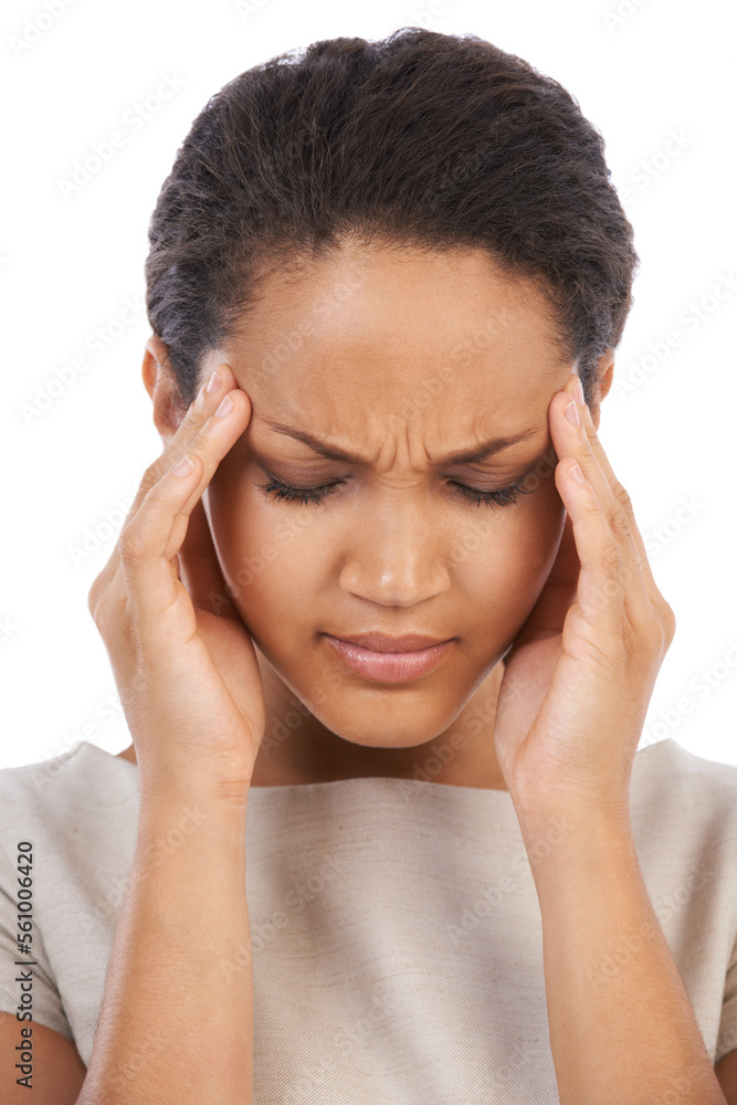 Headache, business woman and stress of a model face feeling anxiety and job burnout. White background, isolated and black woman with fatigue from work, overtime and corporate tax job problem Headache, business woman and stress of a model face feeling anxiety and job burnout. White background, isolated and black woman with fatigue from work, overtime and corporate tax job problem