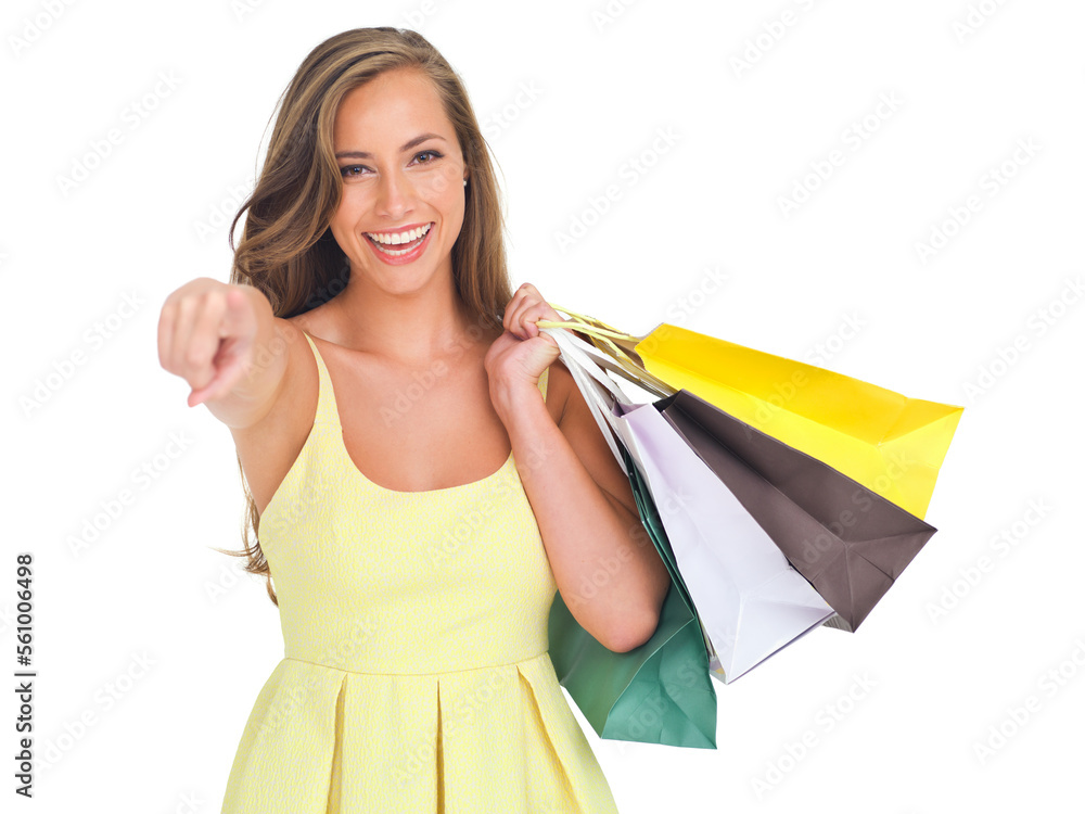 Portrait, fashion and woman with shopping bags pointing in studio isolated on white background. Black Friday discount, face and happy female customer with gifts after buying at mall for sales deals. Portrait, fashion and woman with shopping bags pointing in studio isolated on white background. Black Friday discount, face and happy female customer with gifts after buying at mall for sales deals.