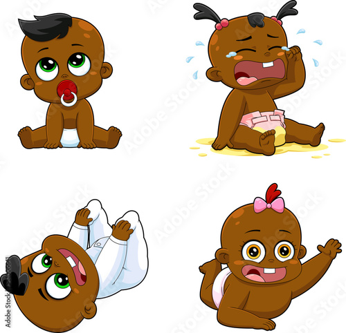 African American Babies Cartoon Characters.Vector Hand Drawn Collection Set Isolated On Transparent Background