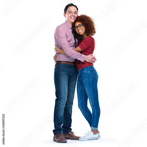 Happy couple, love and portrait of a hug, care and support while isolated on white background together. Interracial man and woman with free space for advertising happiness, marriage and partnership