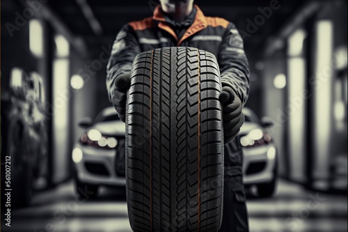 Mechanic Worker Holding New Tyre In Garage Generative AI