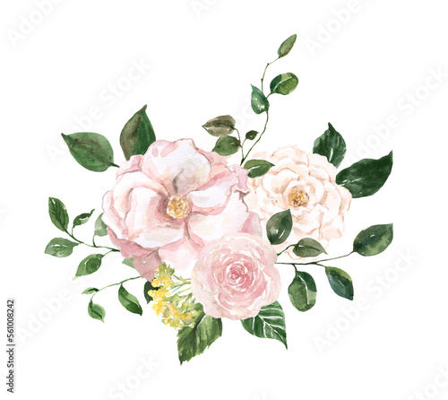Peach pink and creme flowers painting. Watercolor floral bouquet illustration. Spring botanical arrangement with peonies and roses.