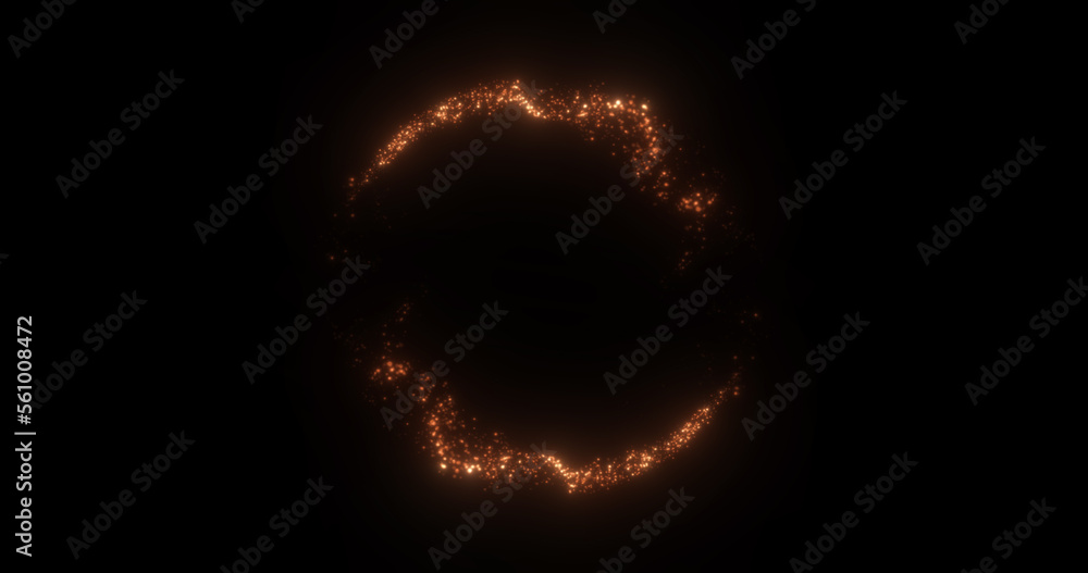 Abstract glowing looped circle of yellow golden lines of magical energy particles. Abstract background
