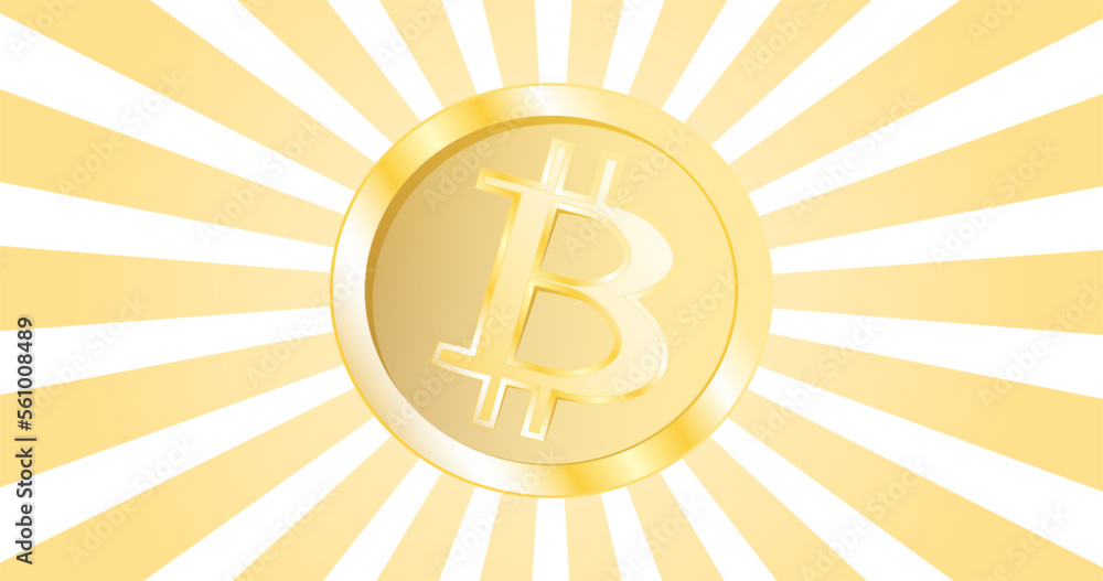 Yellow gold coin of cryptocurrency bitcoin blockchain technology on the background of yellow abstract rays Yellow gold coin of cryptocurrency bitcoin blockchain technology on the background of yellow abstract rays