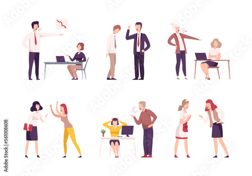 Angry boss shouting at employees set. Stressed office workers characters flat vector illustration