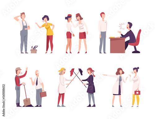 Furious employees shouting at each other set. Boss scolding incompetent workers flat vector illustration