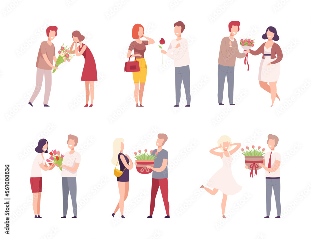 Men giving bouquet of flowers to women set. Congratulations of women on holiday or birthday flat vector illustration