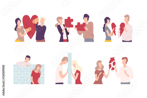 Set of couples trying to restore broken heart. Man and woman characters solving problems to return their love flat vector illustration