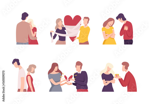 Set of couples trying to restore broken heart. Man and woman characters solving problems to return their love. Relationship concept flat vector illustration