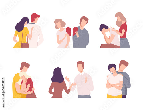Man and woman characters solving problems to return their love and restore broken heart set flat vector illustration