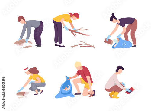 Set of people volunteers cleaning up city park and beach from wastes. Male and female characters collecting rubbish into bags. Environment protection concept cartoon vector