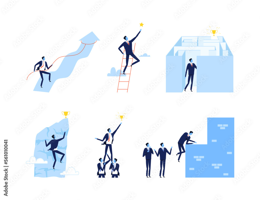 Businessman achieving of business success and reaching goals set. Challenge and career growth flat vector illustration