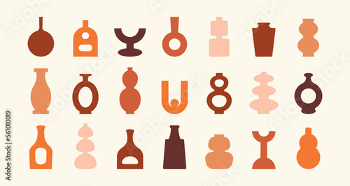 Boho ceramic vases set. Minimal pottery icons for logo, posters, social media, bowl amphora jar silhouette shapes. Vector illustration