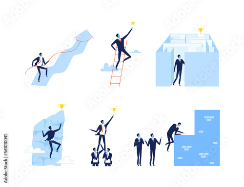 Businessman achieving of business success and reaching goals set. Challenge and career growth flat vector illustration