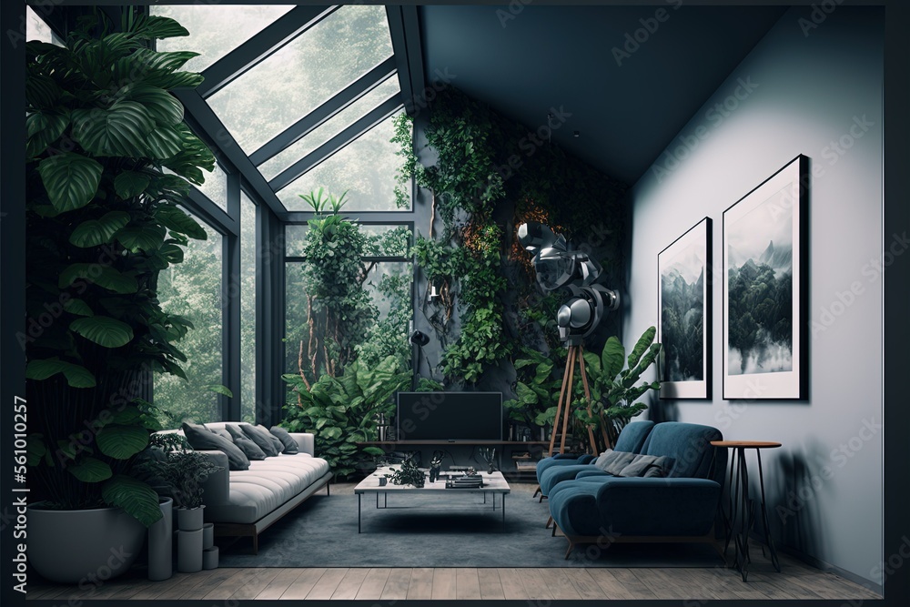 ai generated , Biophilic design interior livinf room Stock Illustration ...