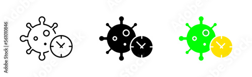Virus with clock line icon. Covid 19, coronavirus, self isolation, lockdown, quarantine, microbe, incubation period, disease spread, morbidity, immunity. Vector icon in line, black and colorful style