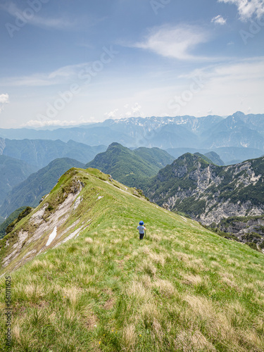 Young child boy hiker conquer the peaks of amazing mountain trail Monte Montusel in Friuli-Venezia Giulia, Italy