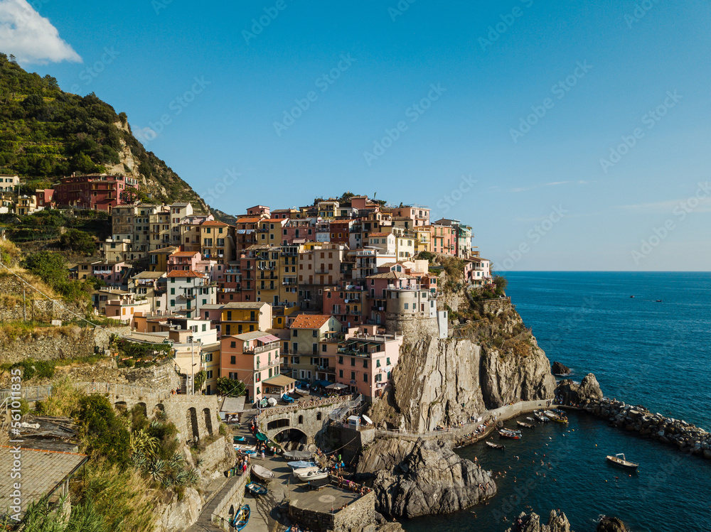 Stunning drone shots and close ups of the city Manarola at the sea side in Italy. 