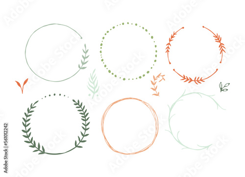 multicolored Botanical circle frame. Hand drawn round line border, leaves and flowers, wedding invitation and cards, logo design and posters template. Elegant vector illustration