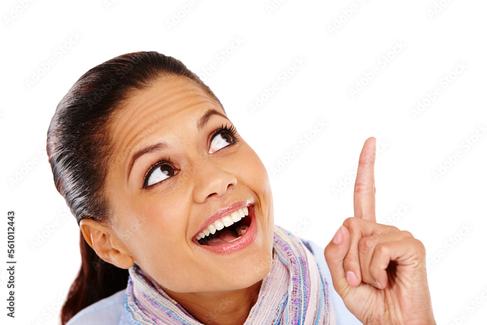 Smile, announcement and pointing up, portrait of woman with mockup and product placement isolated on white background. Discount sale, marketing and advertising space, happy woman in Brazil in studio. Smile, announcement and pointing up, portrait of woman with mockup and product placement isolated on white background. Discount sale, marketing and advertising space, happy woman in Brazil in studio.