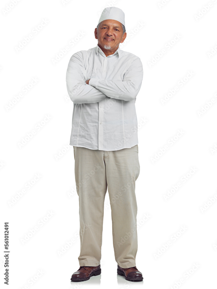 Muslim senior man, happy portrait and standing in white background for Islamic fashion, religious culture and empowerment. Arab, elderly person and smile for religion lifestyle isolated in studio Muslim senior man, happy portrait and standing in white background for Islamic fashion, religious culture and empowerment. Arab, elderly person and smile for religion lifestyle isolated in studio